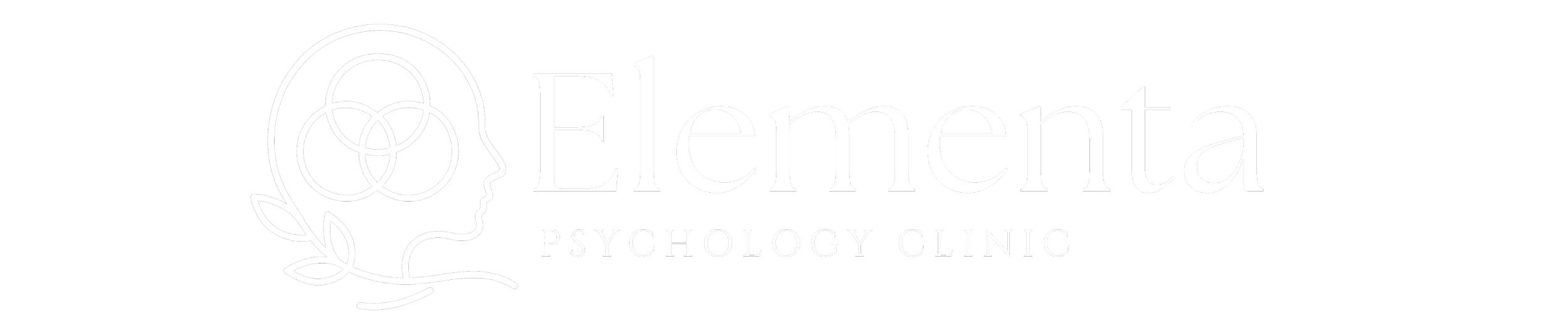 White logo of Elementa Psychology Clinic featuring a stylized human head with circular patterns and leaves on a black background.