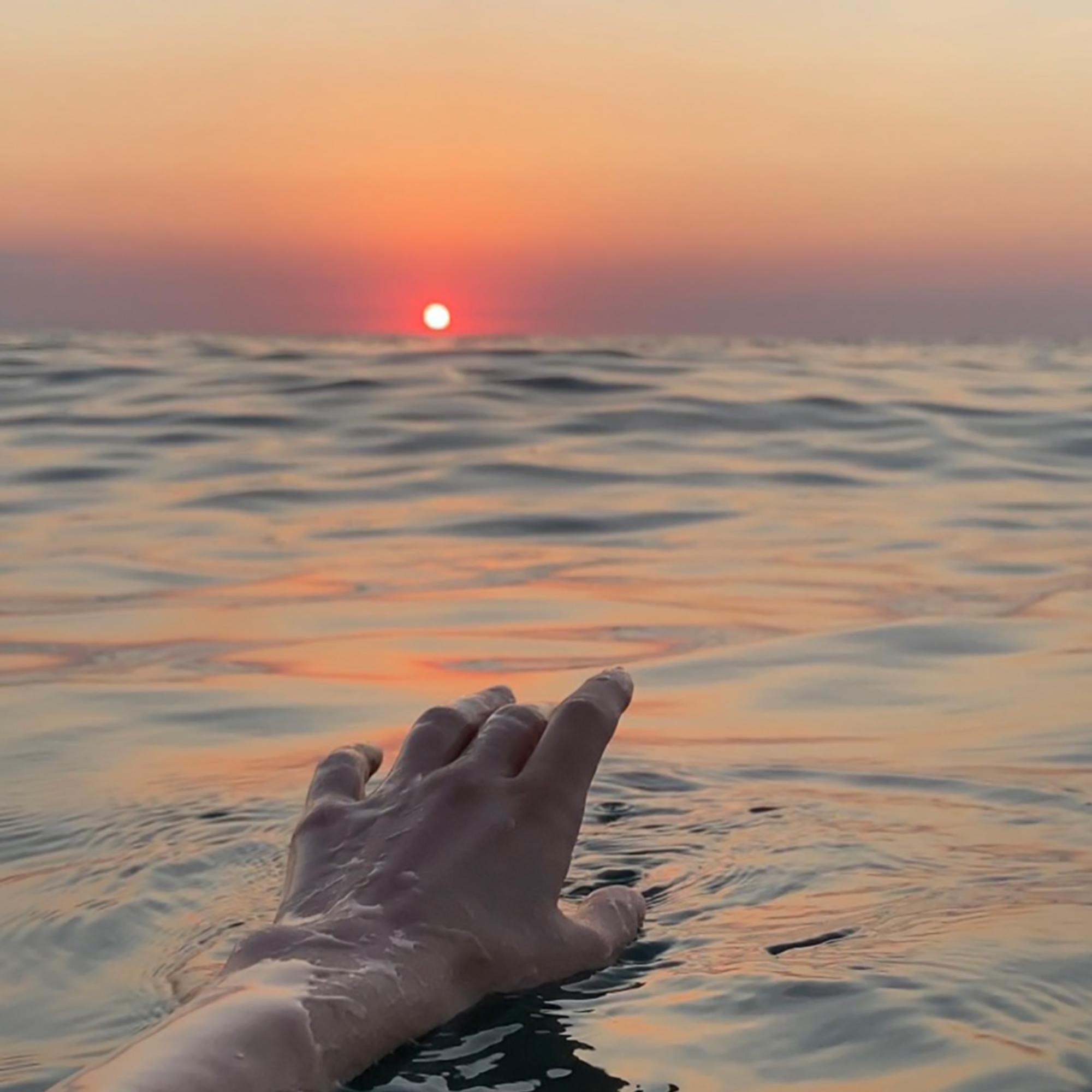A hand reaching out from the water toward a setting sun over the ocean at sunset.