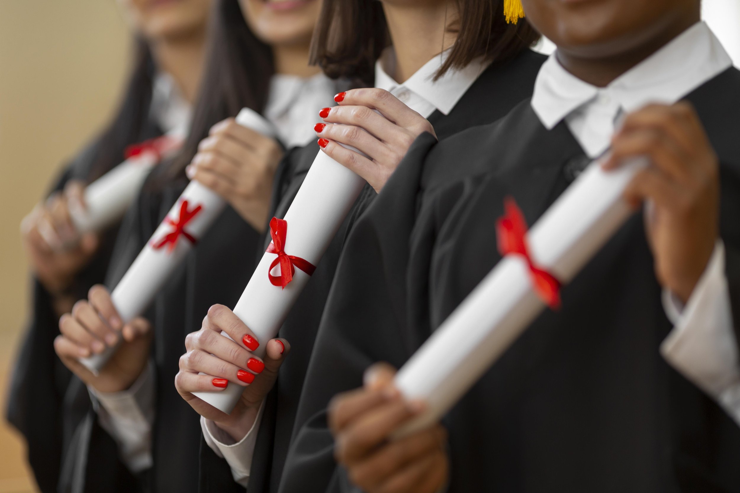Des personnes en costume noir et blanc tenant un diplôme roulé avec un ruban rouge, la main d'une personne avec des ongles rouges est visible.