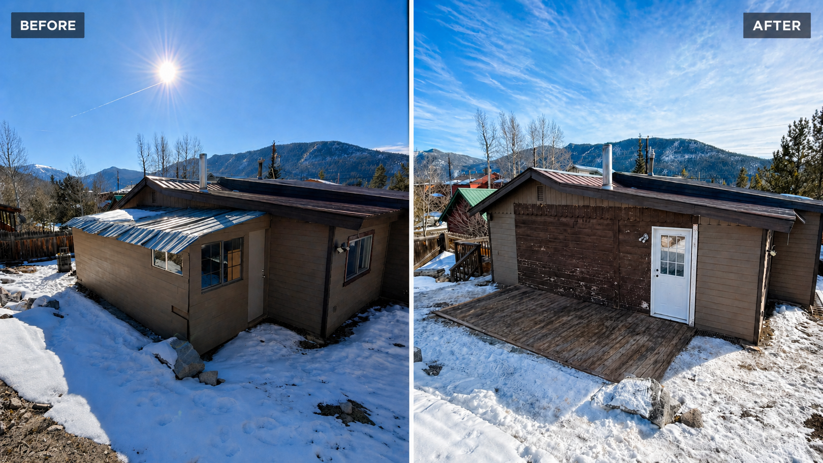 A before-and-after comparison of a house in winter. The "before" side shows a house with a metal awning, while the "after" side shows it with a wooden deck and a white door. Snow covers the ground, and a mountain and clear cloudy sky are visible in t