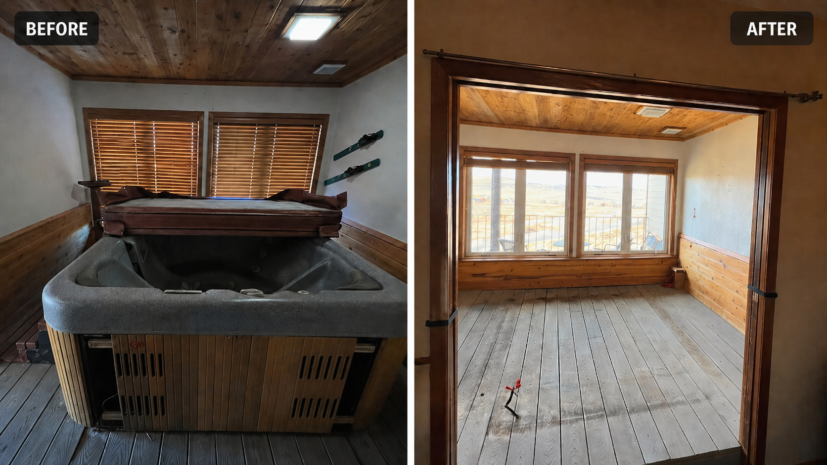 Side-by-side comparison of a room before and after renovation. The "before" shows a hot tub with a wooden cover and skis on the wall, wood-paneled ceiling, and two windows with wooden blinds. The "after" displays an empty room with large windows, woo