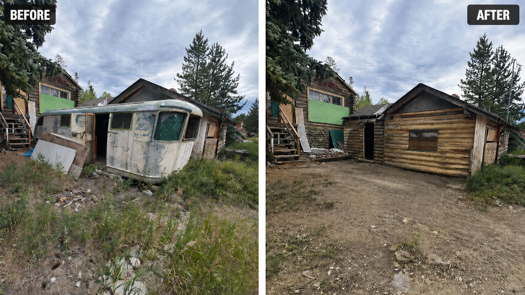 Comparison of two images showing a yard before and after renovation. In the 'before' image, an old, abandoned trailer is on its side with peeling paint and broken windows, surrounded by overgrown grass and discarded debris. The house behind has a rus