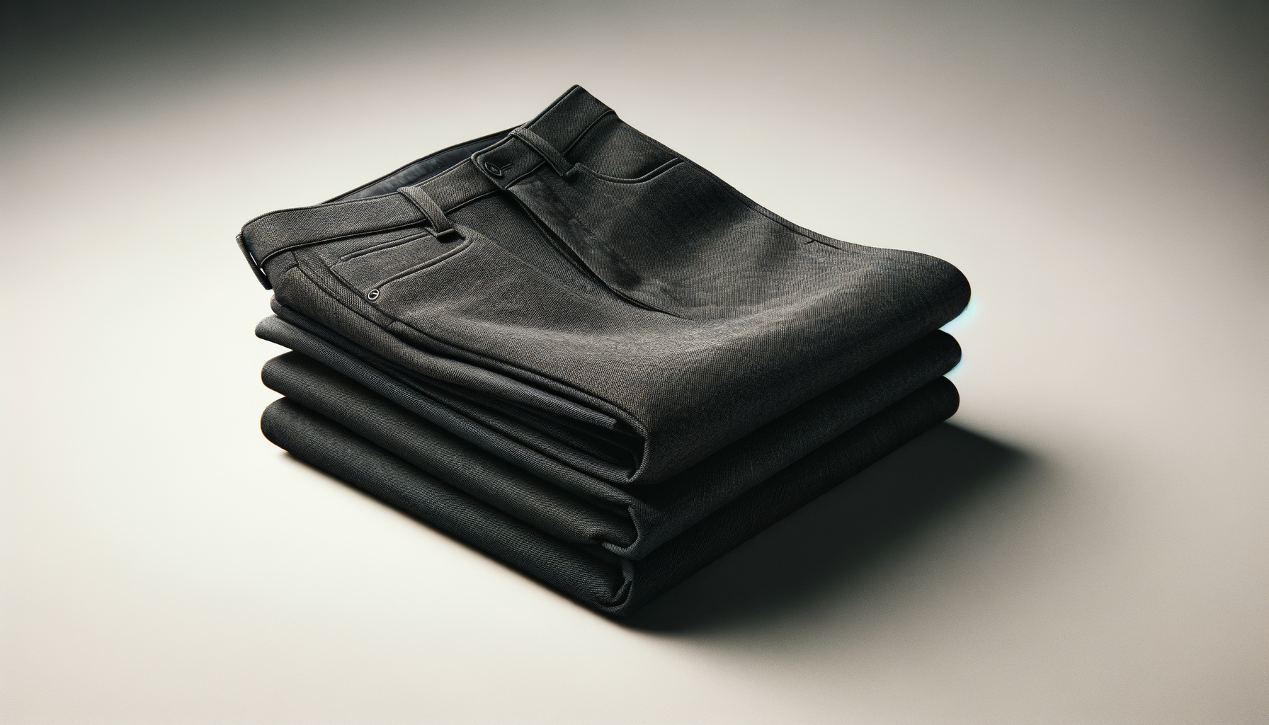 Stack of three black folded dress pants on a plain background