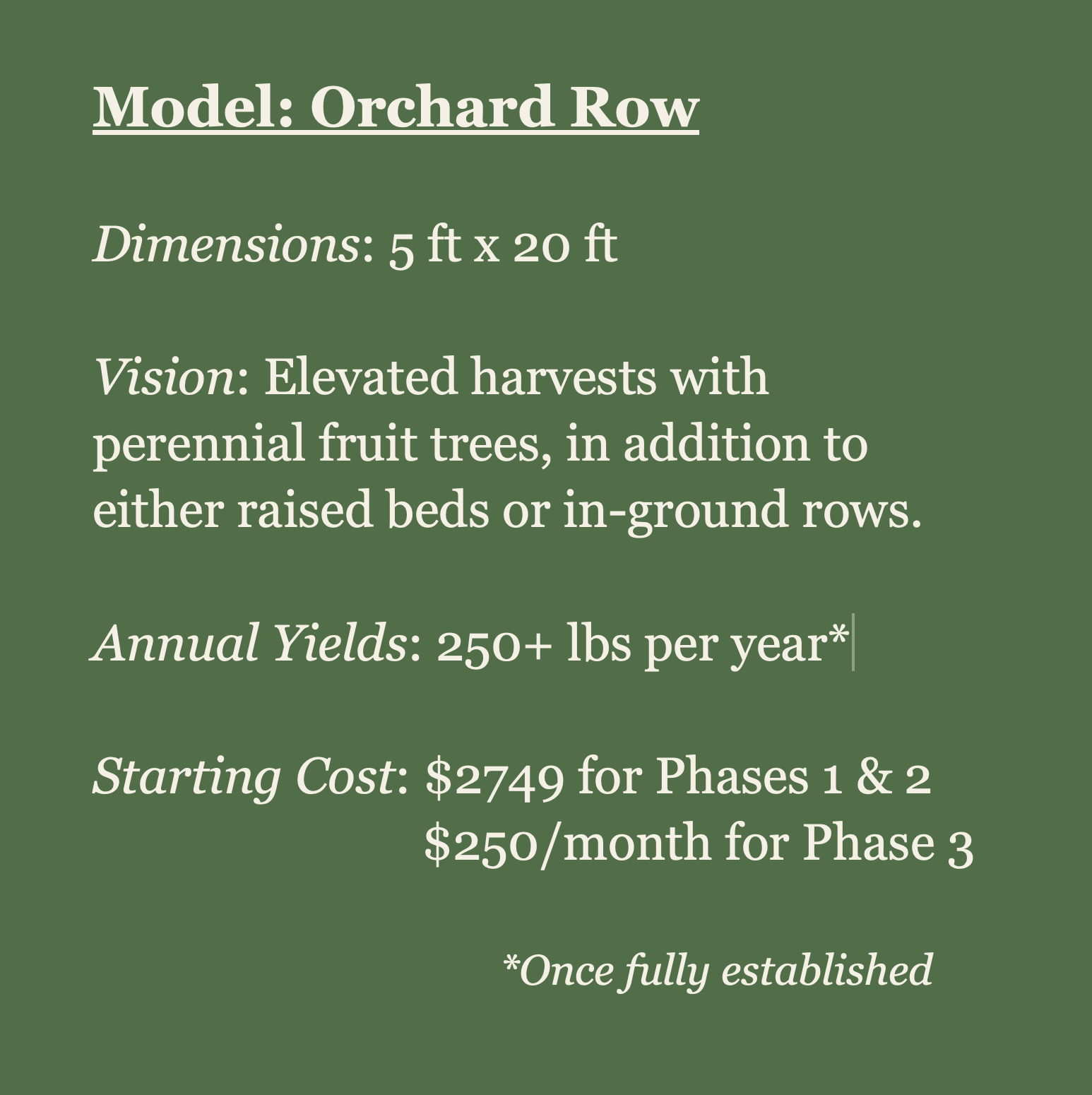 Information about an orchard row model, including its dimensions, vision, annual yields, starting costs, and phases of establishment.
