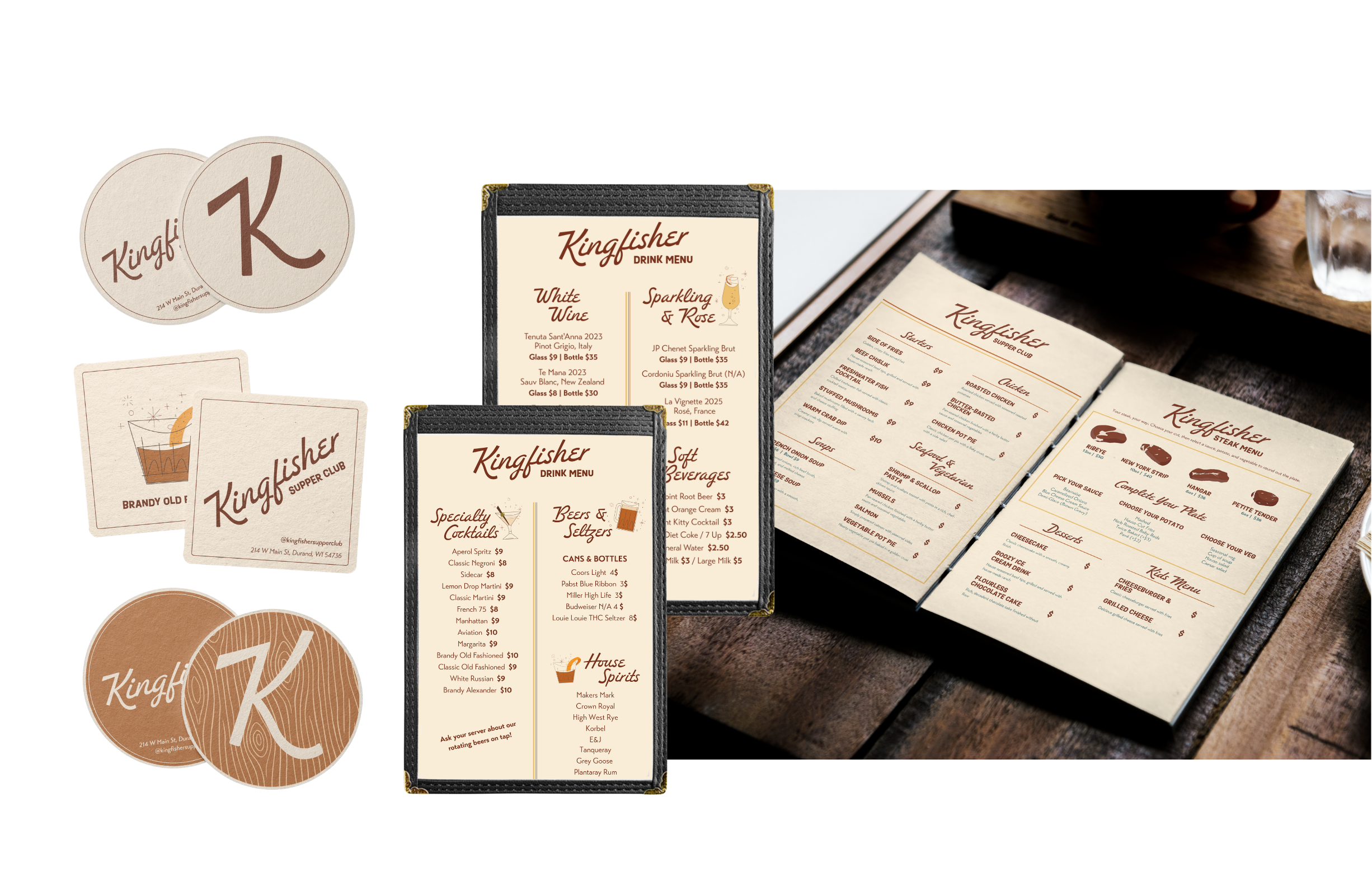 Menu and drink list for Kingfisher Supper Club with branding items and coasters.