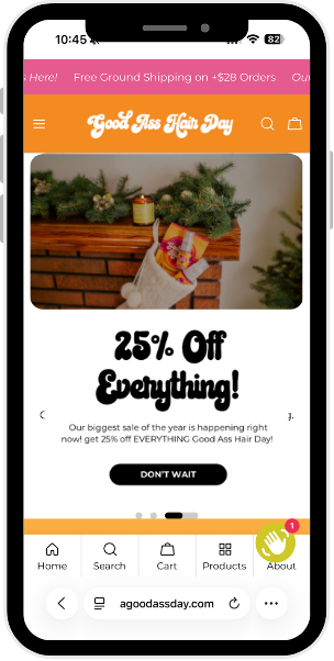 Mobile shopping app screen displaying a Christmas fireplace mantel decorated with pine branches, ornaments, and a stocking, promoting a 25% off sale on all products.