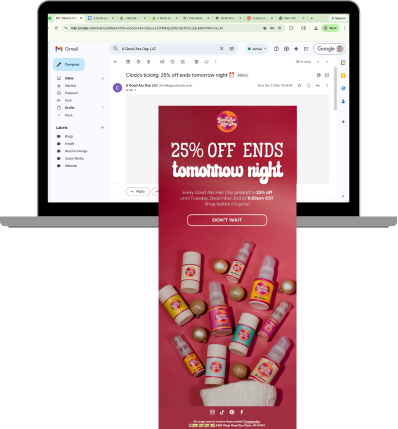 A promotional email for Every Good As Hair Day product with a 25% off discount ending tomorrow night, featuring bottles of hair spray and small decorative ornaments on a pink background.
