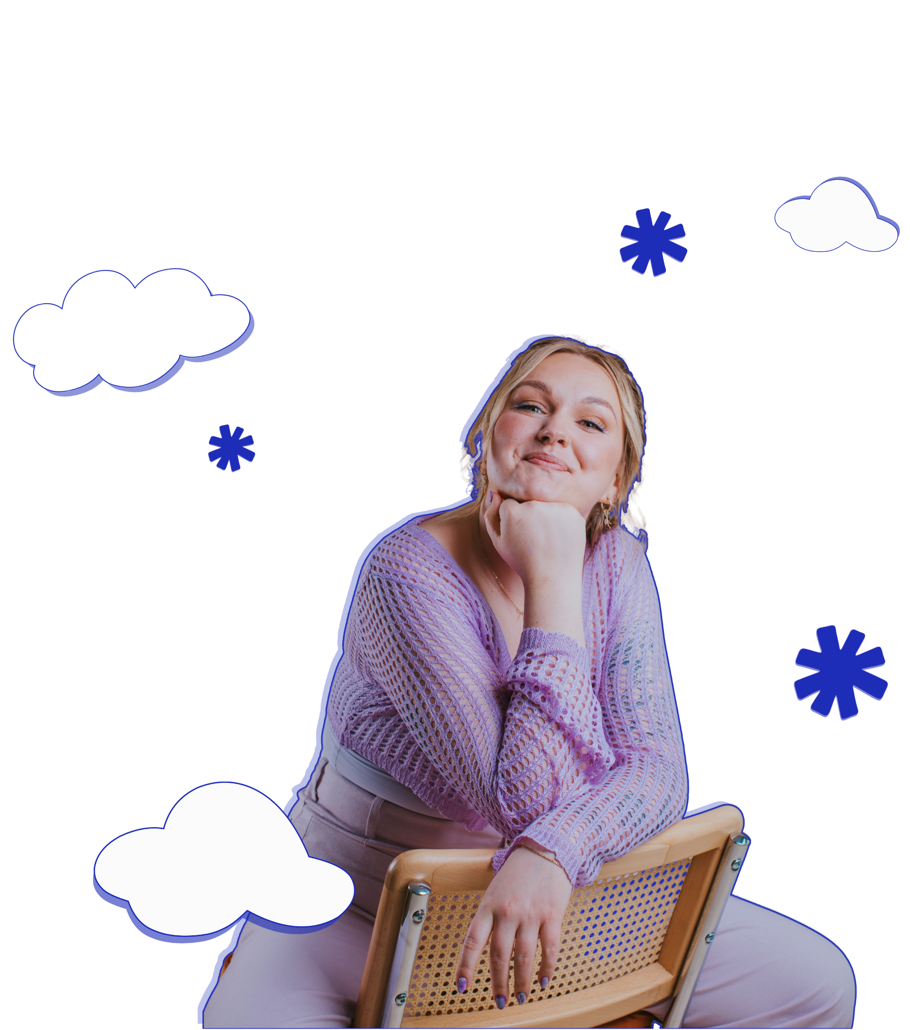 A young woman smiling while sitting on a wooden chair, wearing a pink mesh sweater and beige pants, surrounded by cloud and snowflake illustrations.