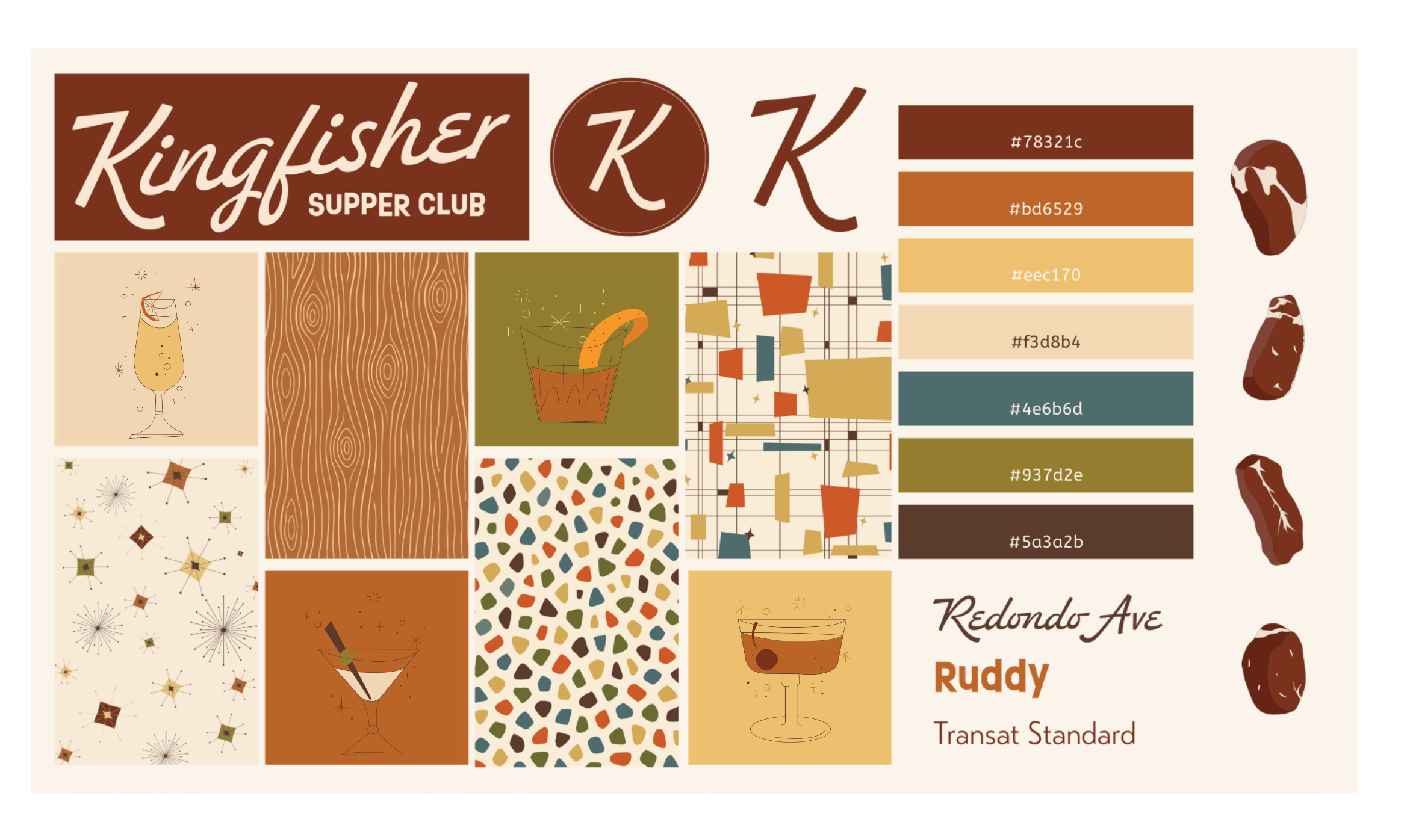 Design palette with various retro and festive patterns, colors, and illustrations of cocktails, with the text 'Kingfisher Supper Club' and color codes on the right.