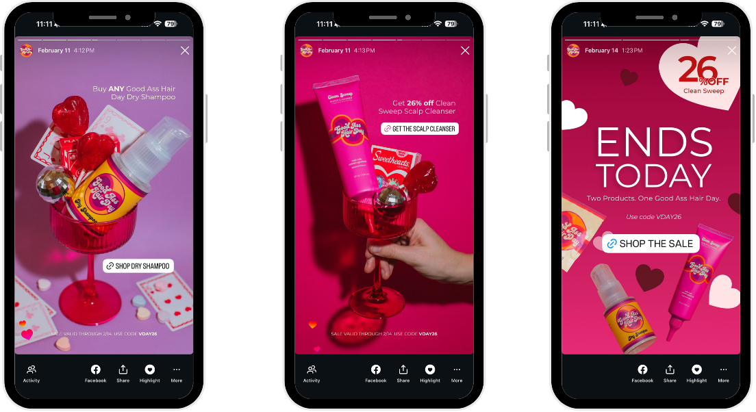 Three smartphone screens display Valentine's Day themed advertisements for hair and scalp care products, with pink and red backgrounds, hearts, and product images.