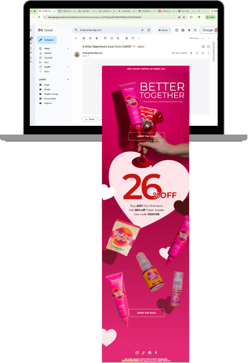 Instagram story promoting a sale on dry shampoos and hair products with 26% off using code VDAY26, featuring pink and red themed graphics, hearts, and various hair care product images.