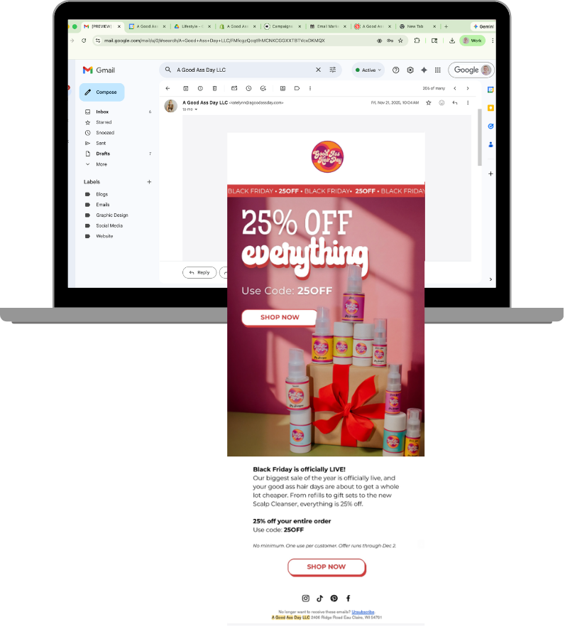 Email advertisement for Black Friday sale from A Good Ass Day LLC, offering 25% off everything with code 25OFF, featuring various hair care products, with a red ribbon and gift box in the foreground.