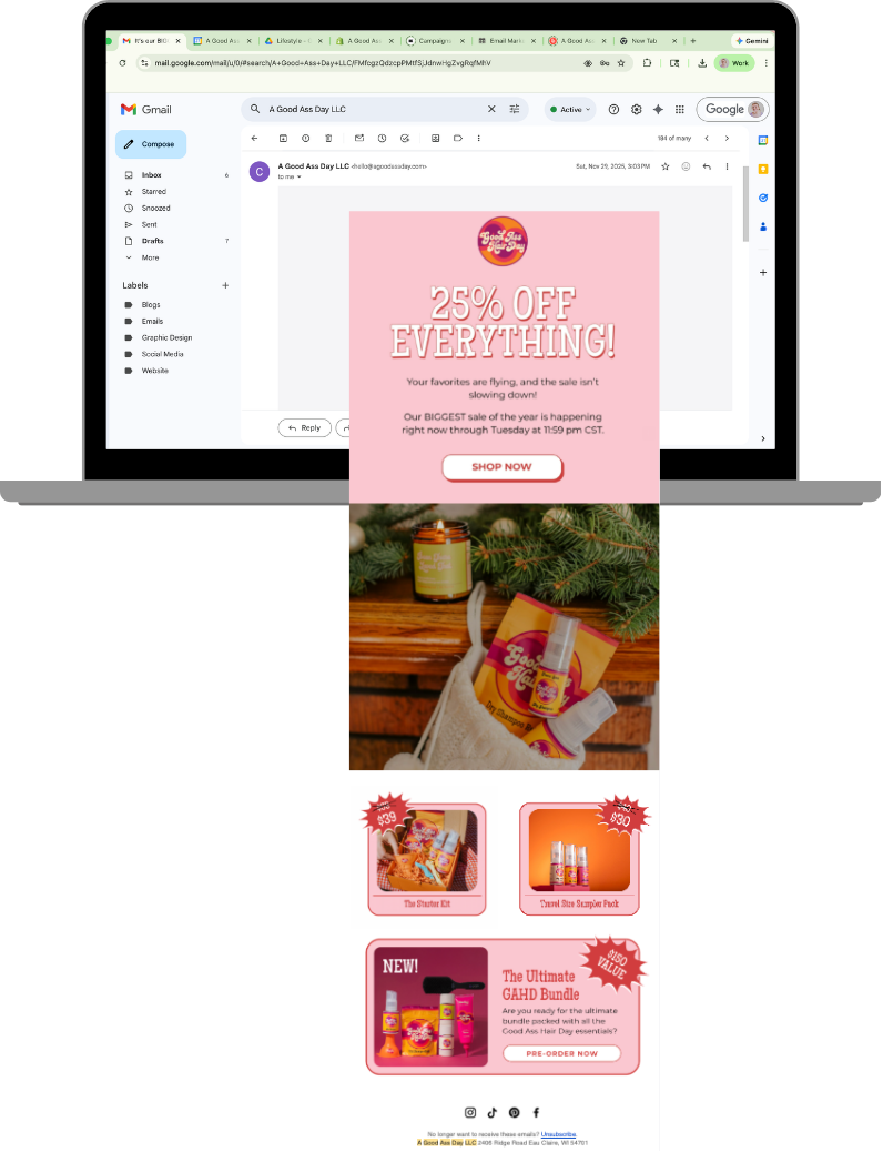 Email newsletter for a sale advertising 25% off on all products, featuring holiday-themed items and a promotional bundle from a brand called A Good Ass Day LLC, with festive packaging and holiday decor in the background.