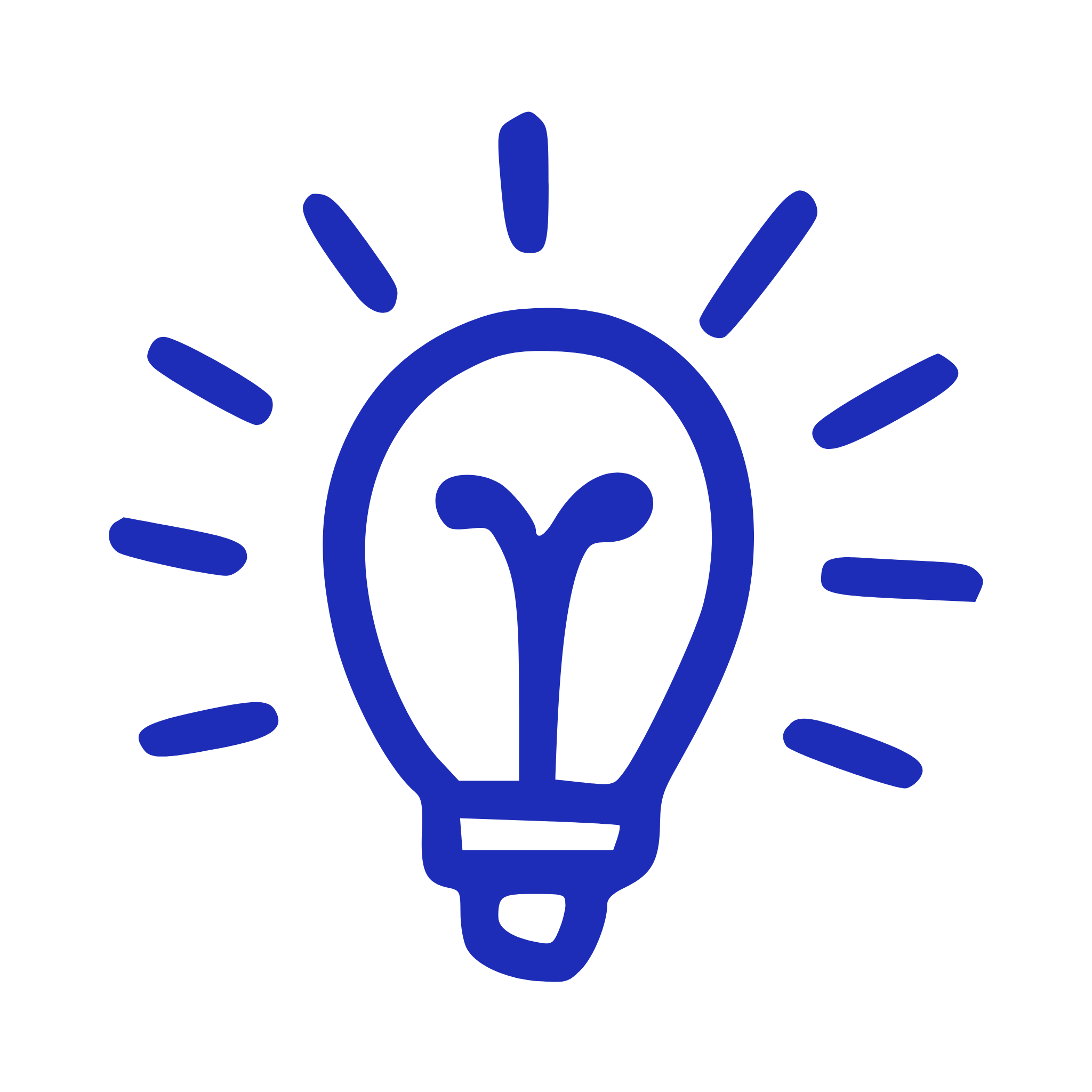 Blue line drawing of a light bulb with rays emanating from it, symbolizing an idea or innovation.