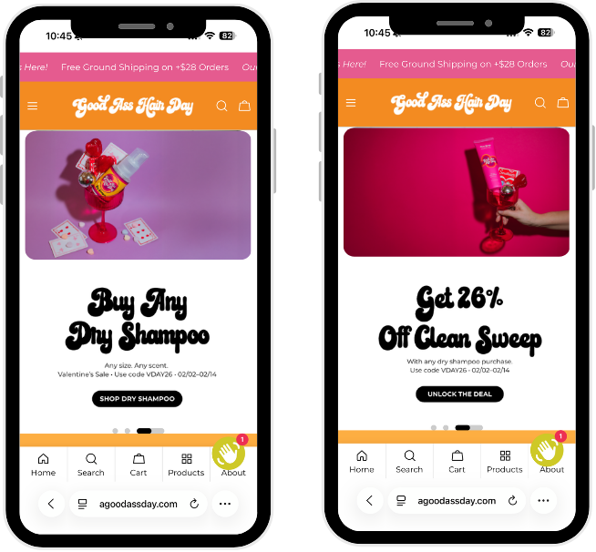 Screenshots of a mobile shopping website featuring hair care products. The left image promotes buying any dry shampoo, and the right offers 26% off on select dry shampoo purchases. The website header has a pink banner about free shipping on orders over $28. The page includes navigation icons for home, search, cart, products, and about at the bottom.