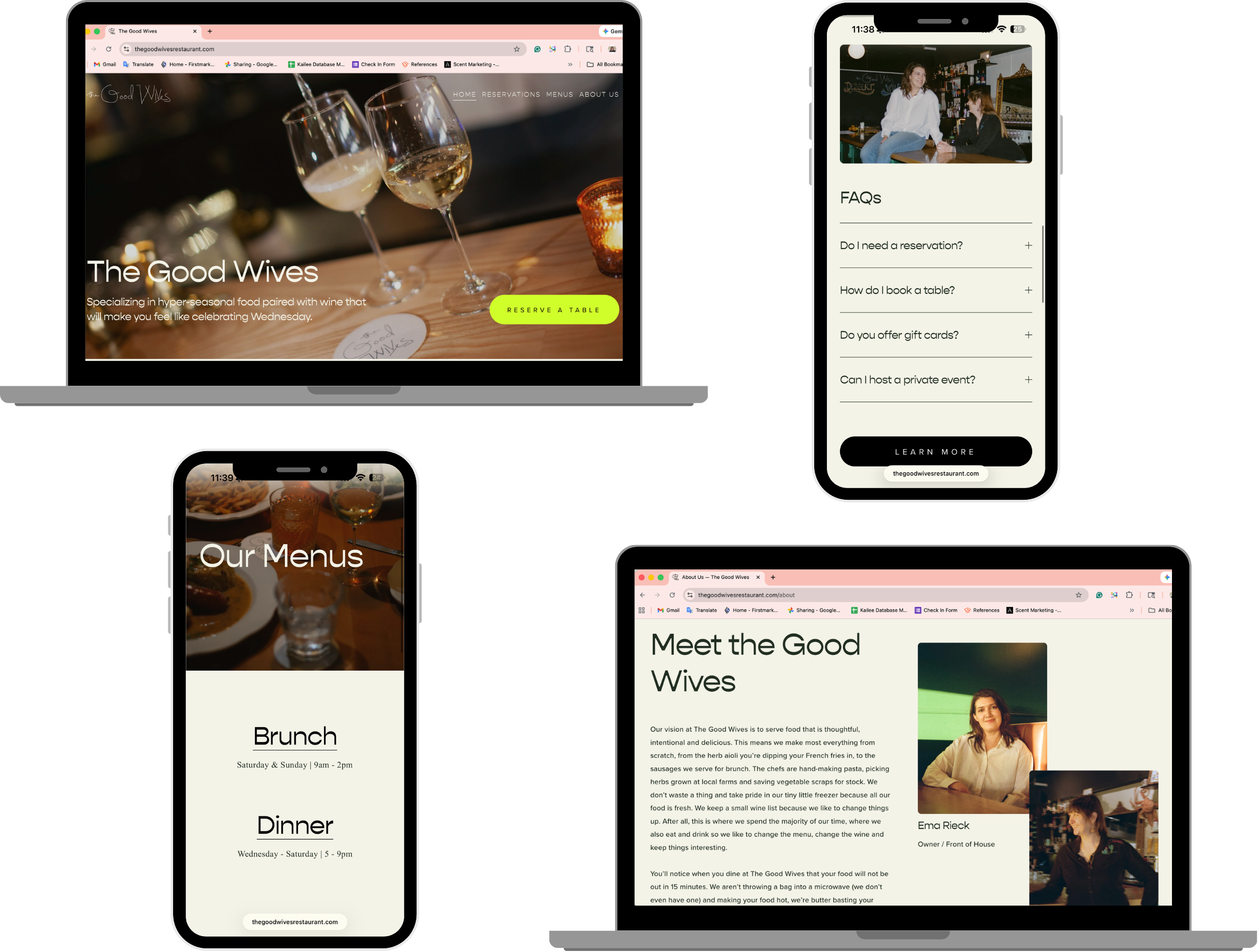 Multiple mobile device screens displaying a restaurant website for The Good Wives, featuring images of wine glasses, a bar scene, and a woman sitting on a bar counter, with navigation menus for reservations, FAQs, menus, and about sections.