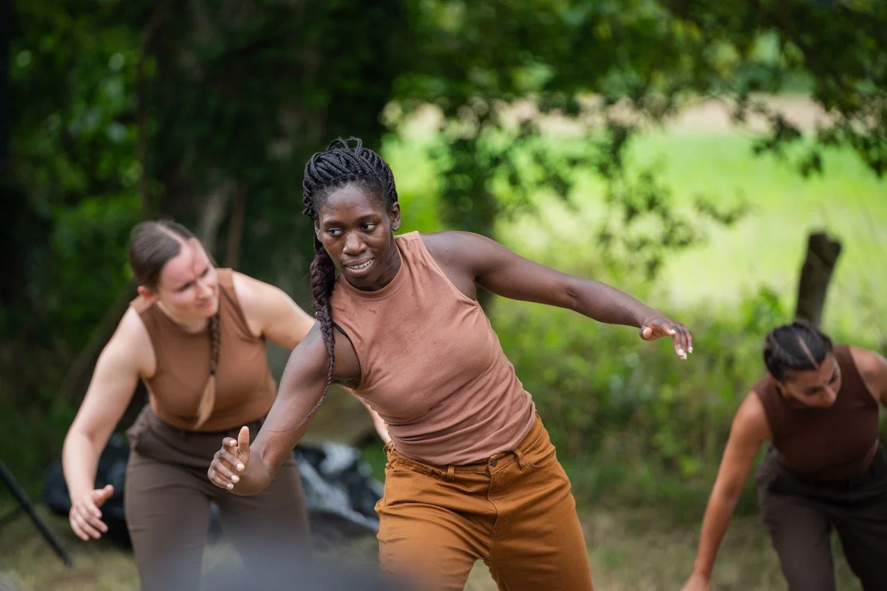 Trois femmes pratiquant l'exercice en plein air dans un environnement naturel avec des arbres et de l'herbe, faisant des mouvements de fitness ou de danse.