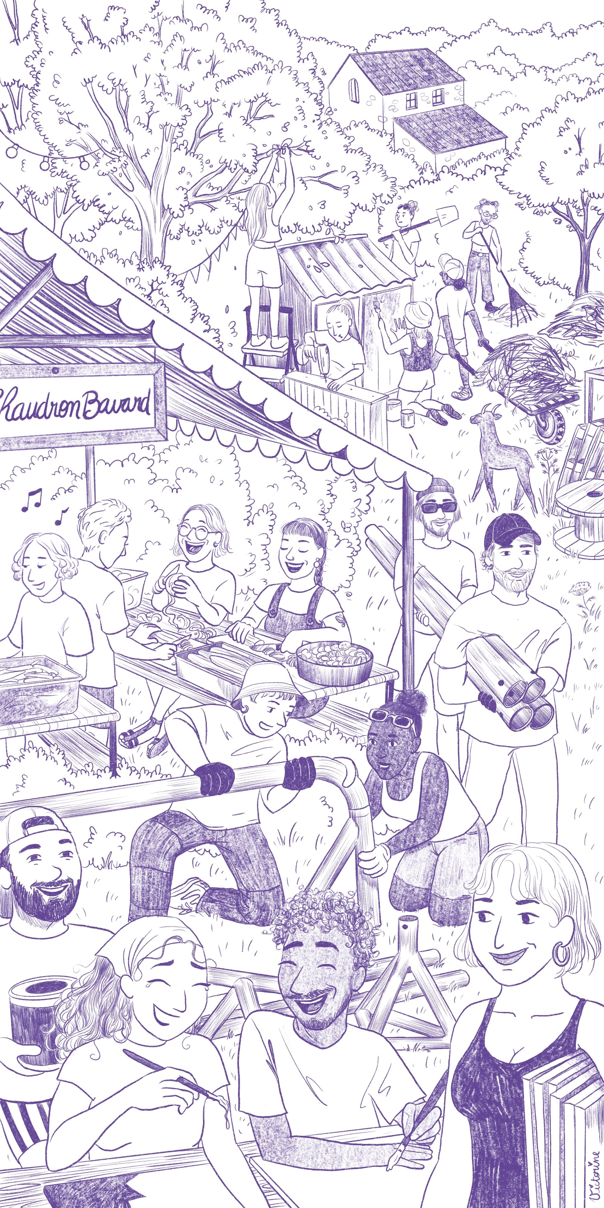Une illustration représentant une journée en famille ou entre amis dans une ferme ou un jardin, avec des activités telles que la tonte du gazon, la récolte, la cuisine, la détente, le chant, la détente et la convivialité.