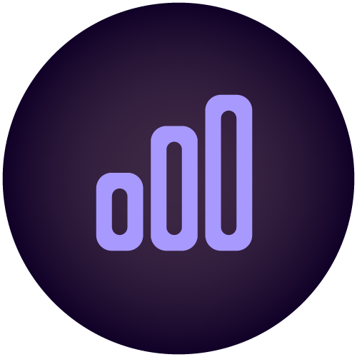 Minimalist purple icon of three vertical bars increasing in height from left to right, representing a bar chart or data analytics on a dark background.