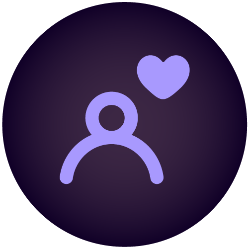 Icon of a person with a heart above their head, on a dark circular background.