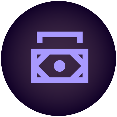 Icon of a briefcase with a dollar bill symbol on it, represented in purple on a black circular background.