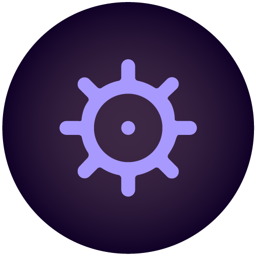 A purple gear icon with a circular center on a dark purple background.