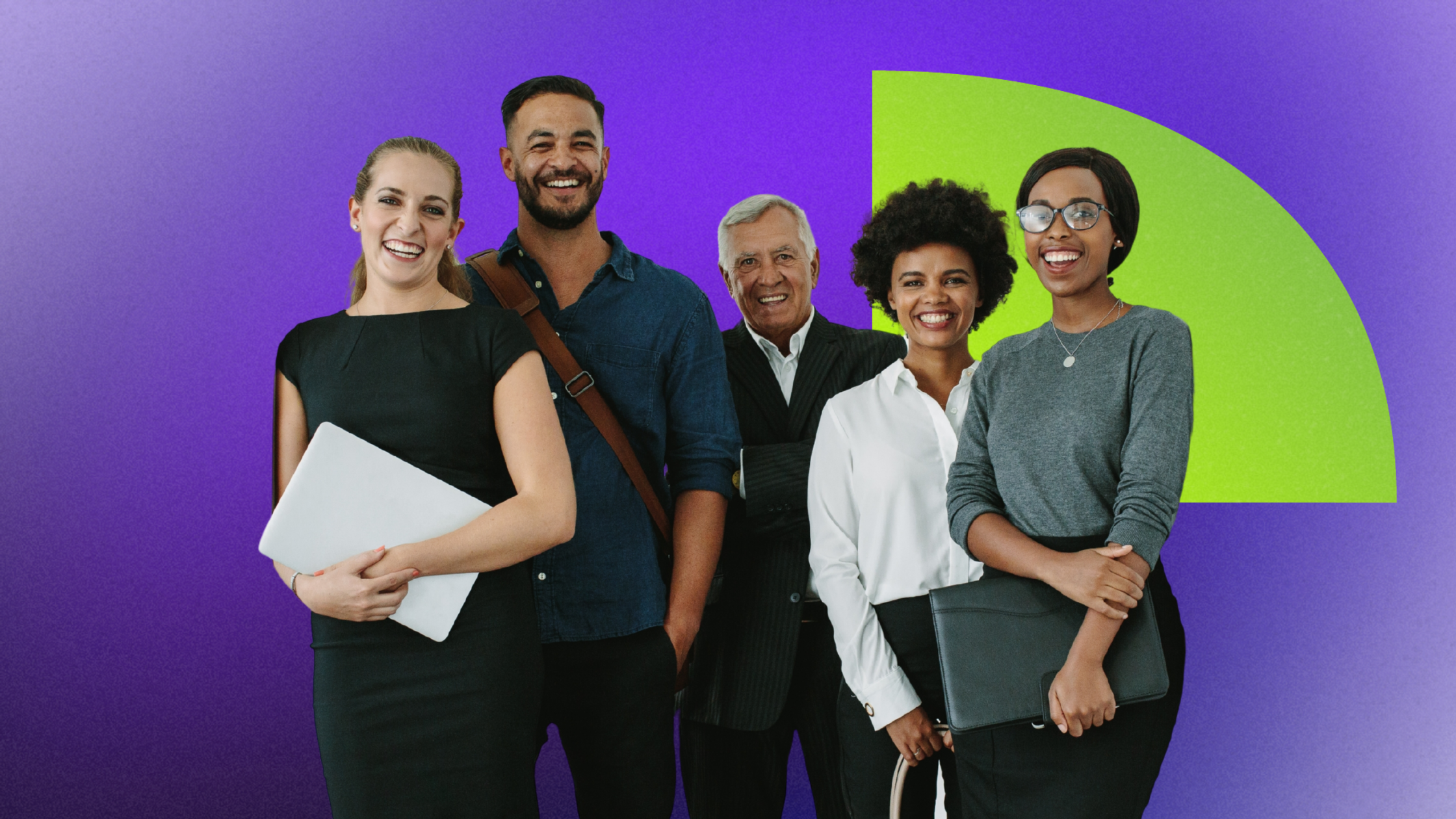 Group of five diverse smiling professionals standing together against a colorful abstract background.