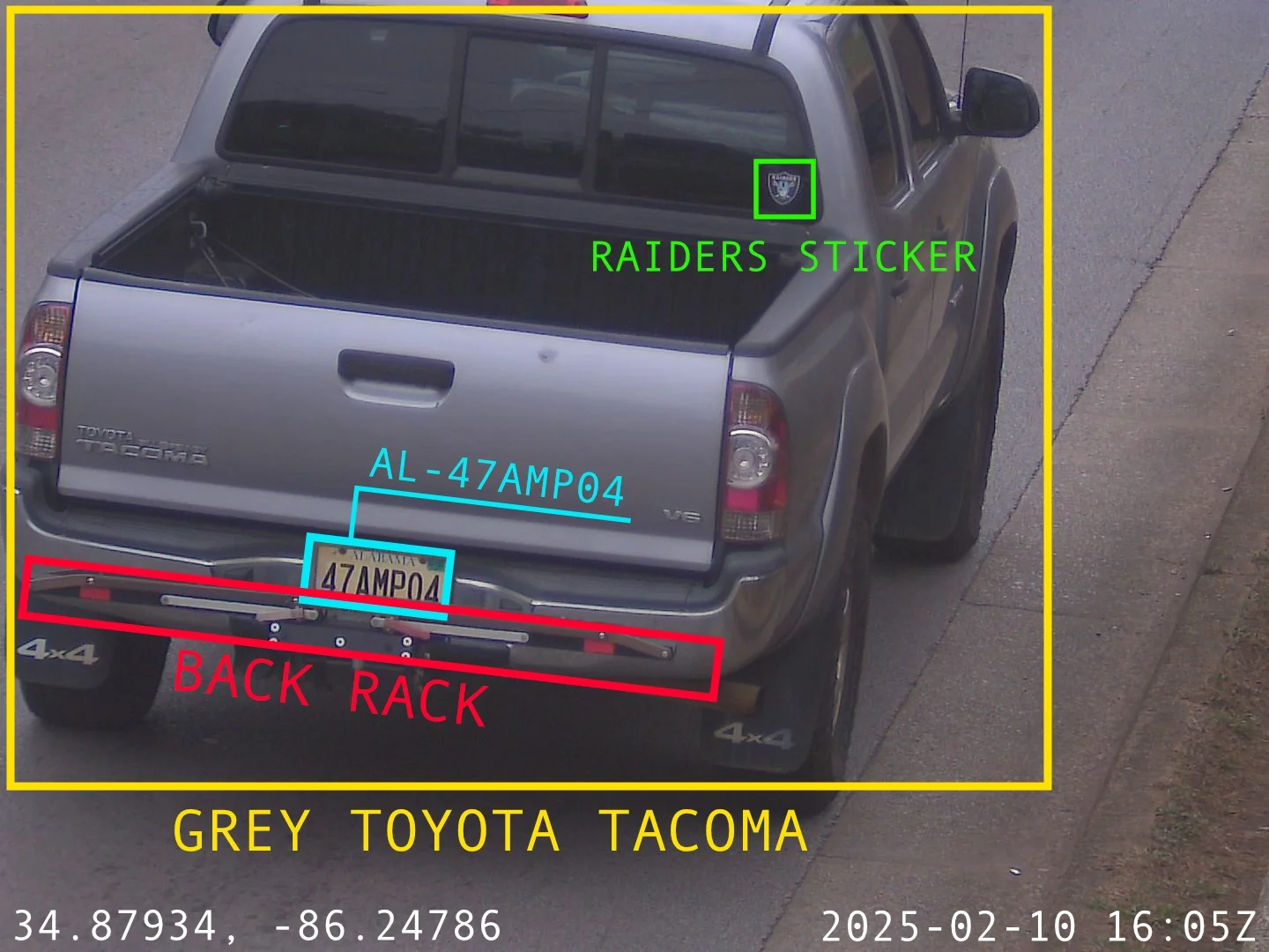 A grey Toyota Tacoma truck with targeting information from a Flock camera.