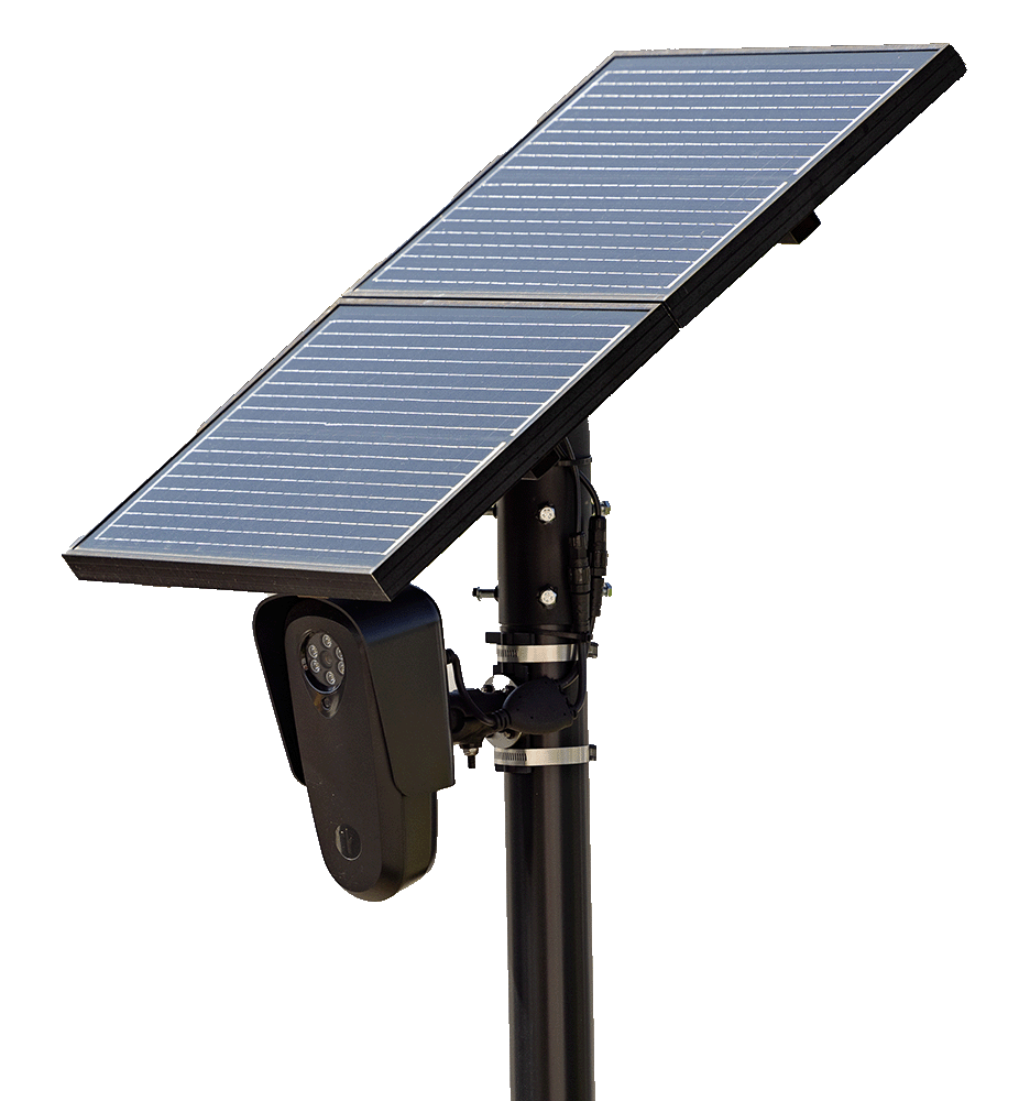 A solar-powered security camera mounted underneath a solar panel array.