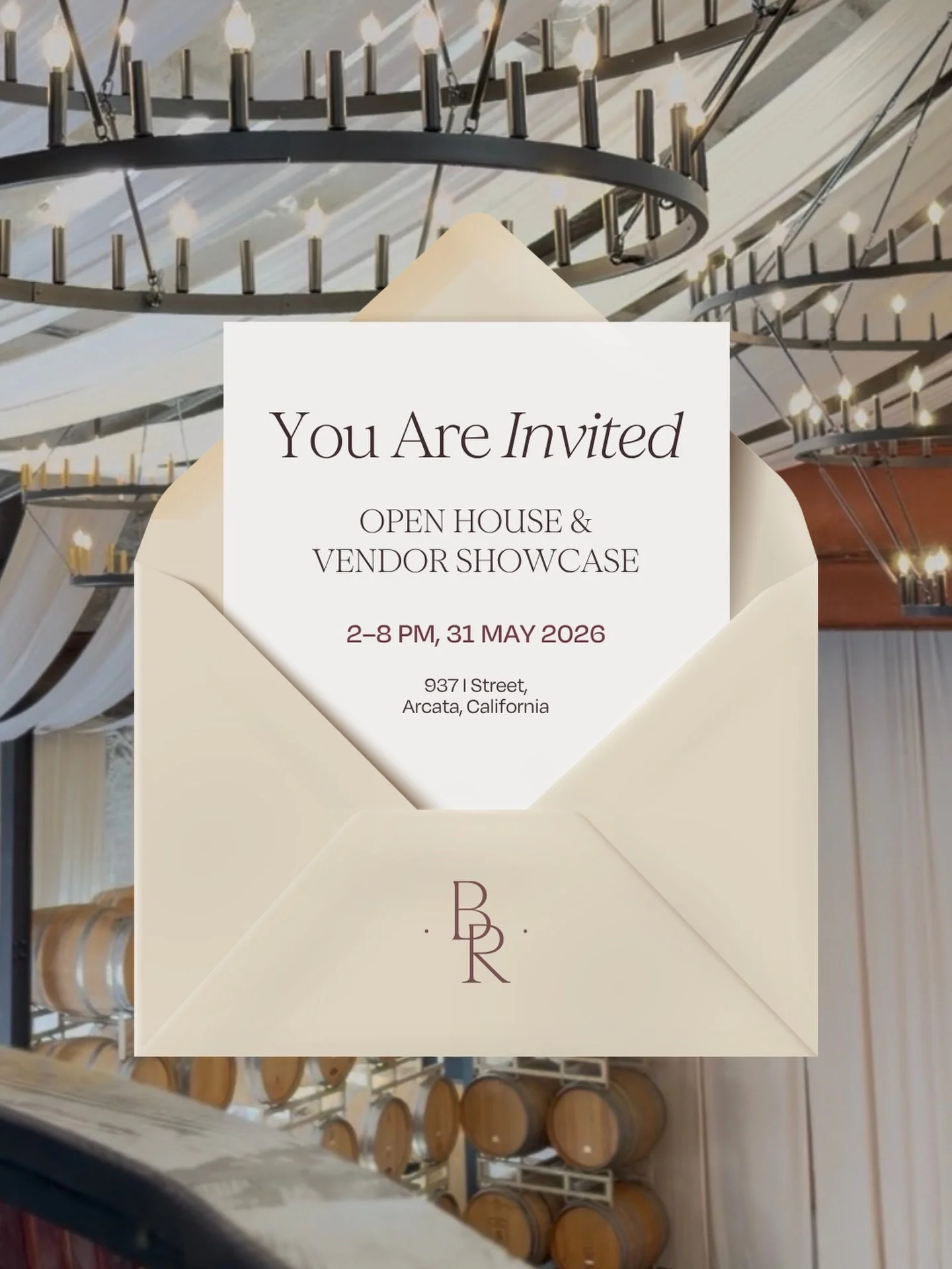 You&rsquo;re invited 💌

An exclusive first look at The Barrel Room, Arcata&rsquo;s newest wedding and event venue.
Wine and curated bites. Live music. Local vendors. A styled bridal suite and a walk-through of the space before anyone else.
Sunday, M