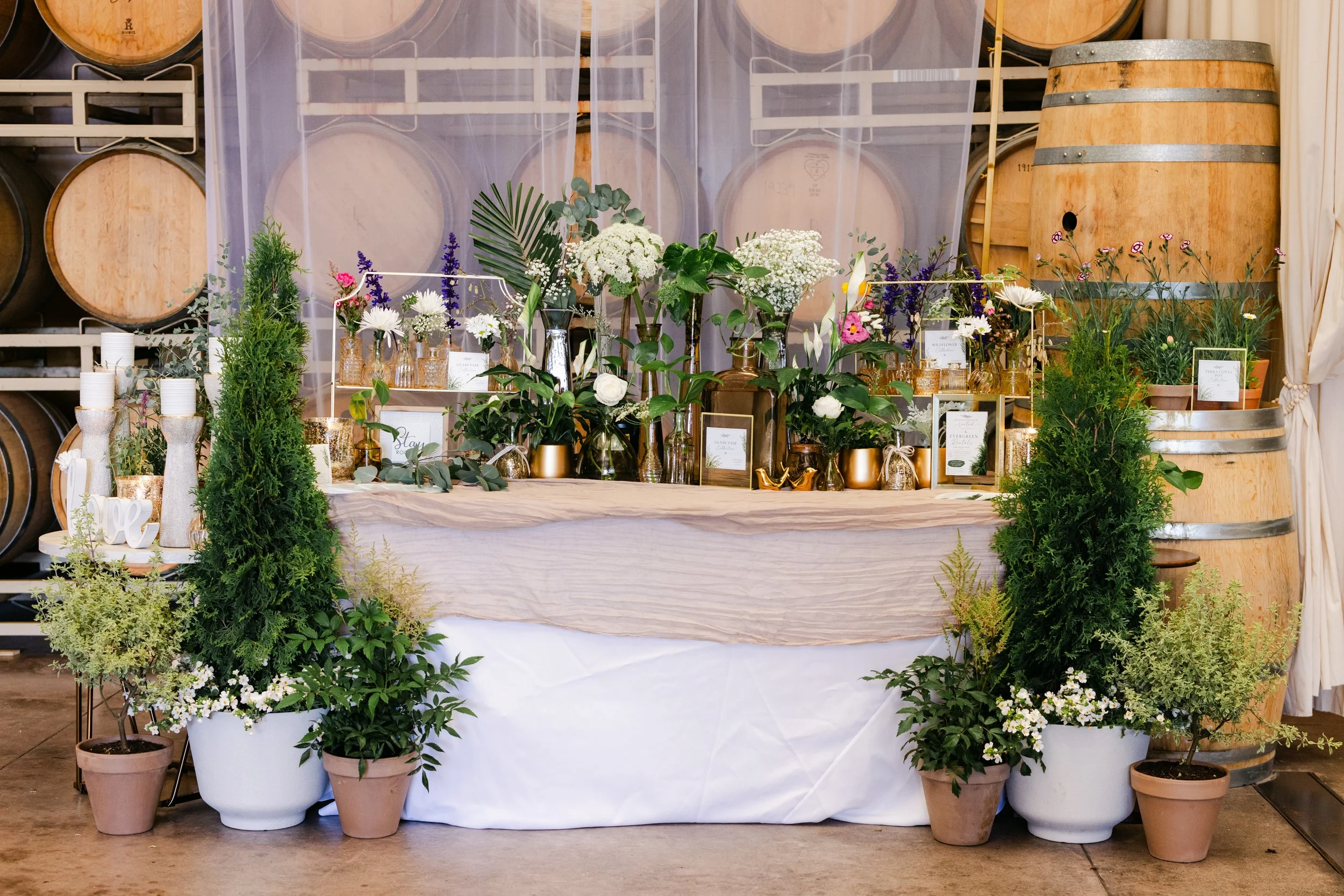 A floral display with various potted plants and flowers on a table, set against a backdrop of large wine barrels. The arrangement includes white, purple, and pink flowers, with some greenery in gold and glass vases.