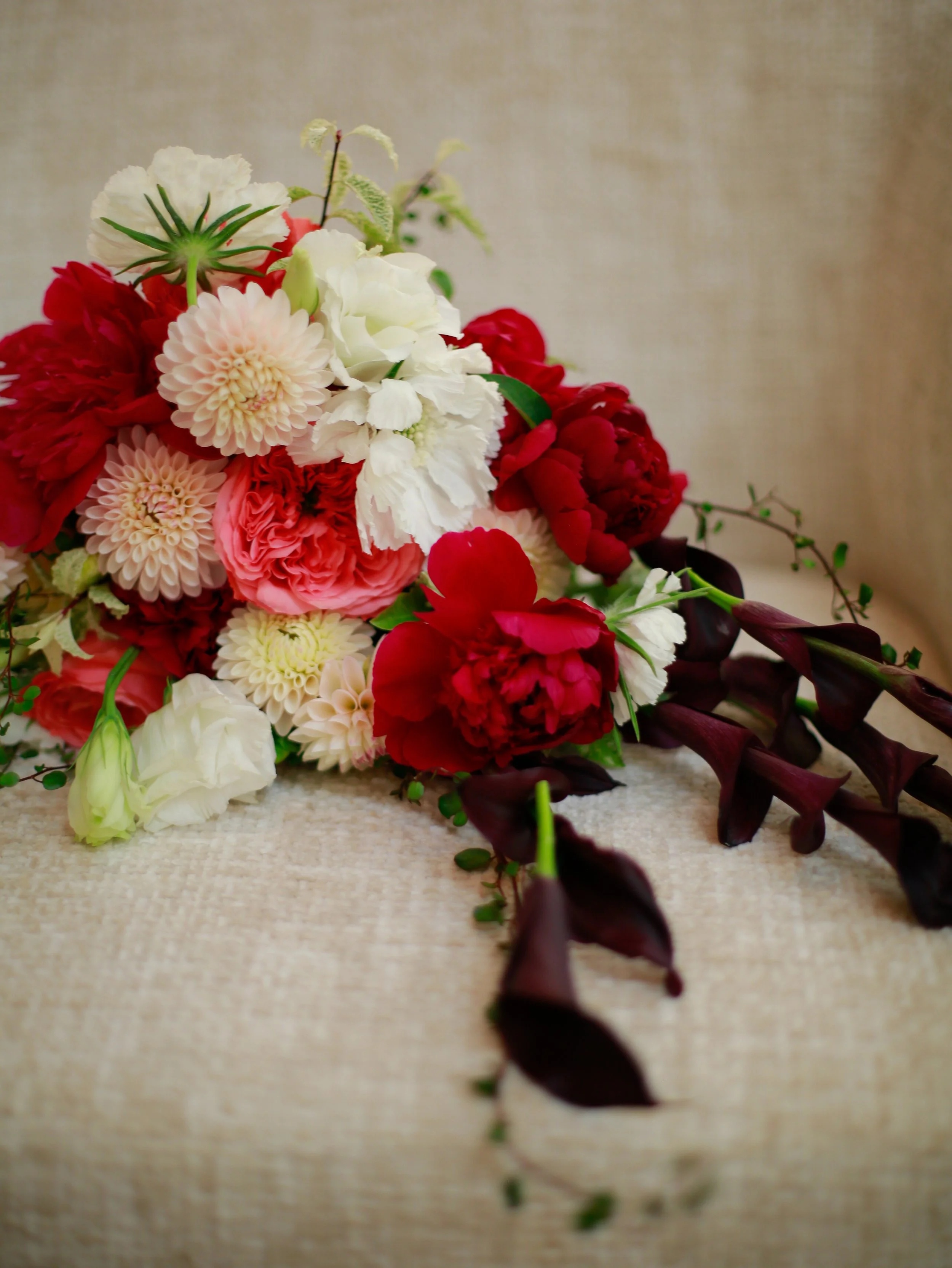 A bouquet of assorted red, white, and pink flowers on a beige textured surface.