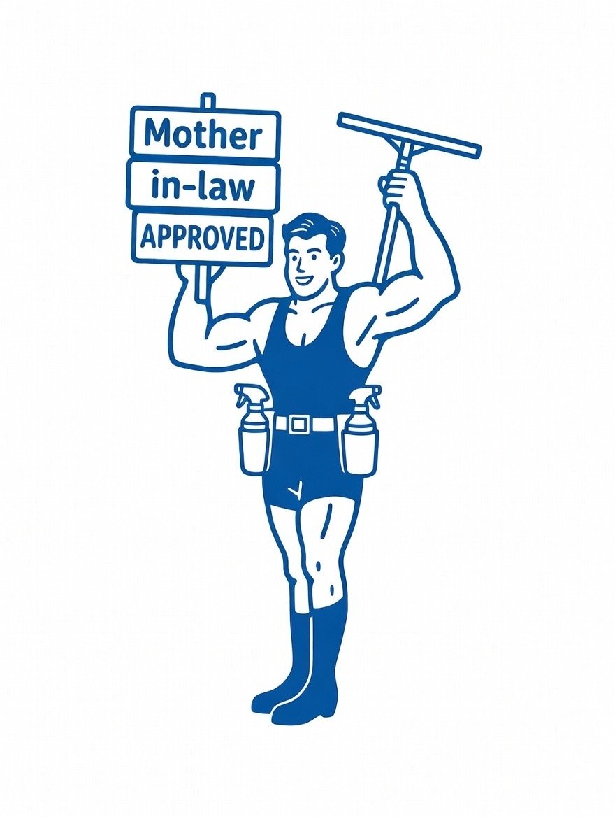 A cartoon woman in workwear holding a sign that says 'Mother in-law APPROVED,' while holding a squeegee. The woman stands confidently, wearing boots and a utility belt with spray bottles.