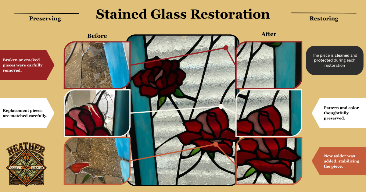 Diagram showing stained glass restoration process. The 'Before' section shows broken stained glass pieces with cracks and dirt. The middle shows the cleaning and matching of replacement pieces, and the 'After' section displays the repaired stained glass with preserved pattern and color, and stabilized with new solder.