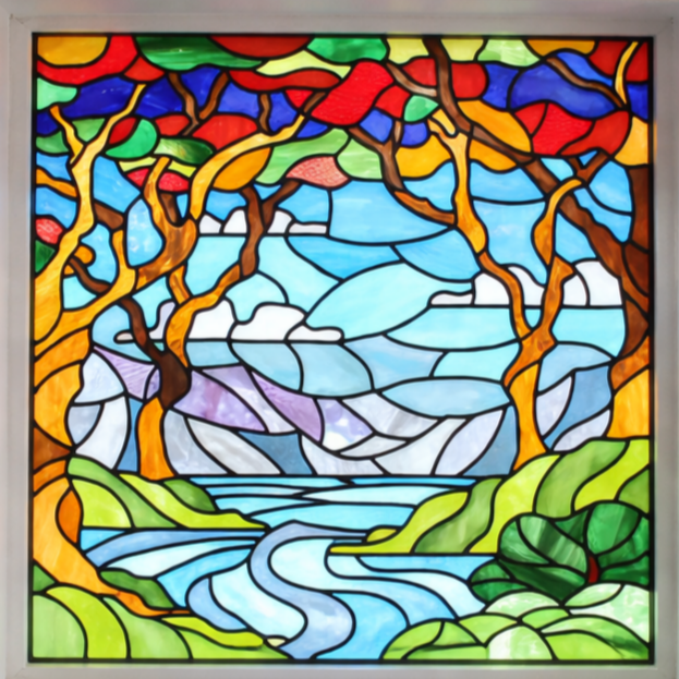 Colorful stained glass window depicting a landscape scene with trees, a river, hills, and a sky with clouds.