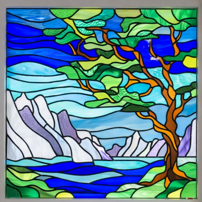 Colorful stained glass window depicting a landscape with a large tree, mountains, a river, and a partly cloudy sky.
