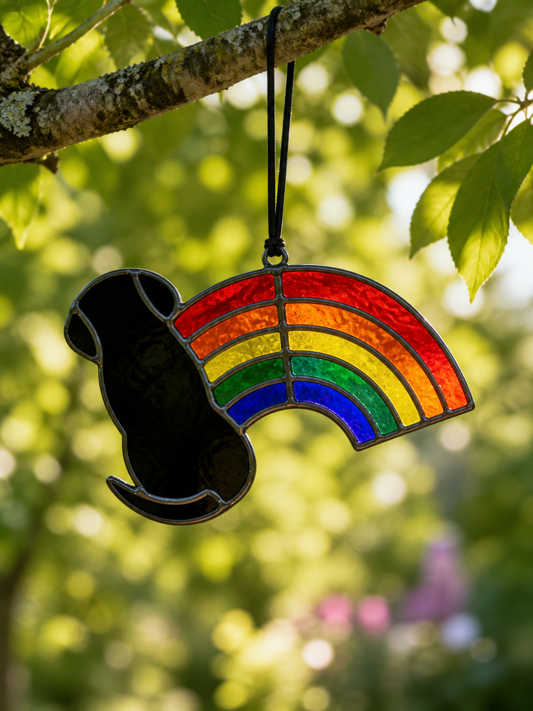 Handmade stained glass rainbow suncatcher featuring a dog silhouette hanging outdoors in sunlight.