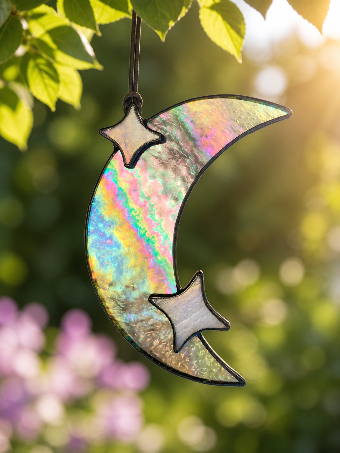 Handmade Iridescent Stained Glass Moon with Lavender Stars Suncatcher