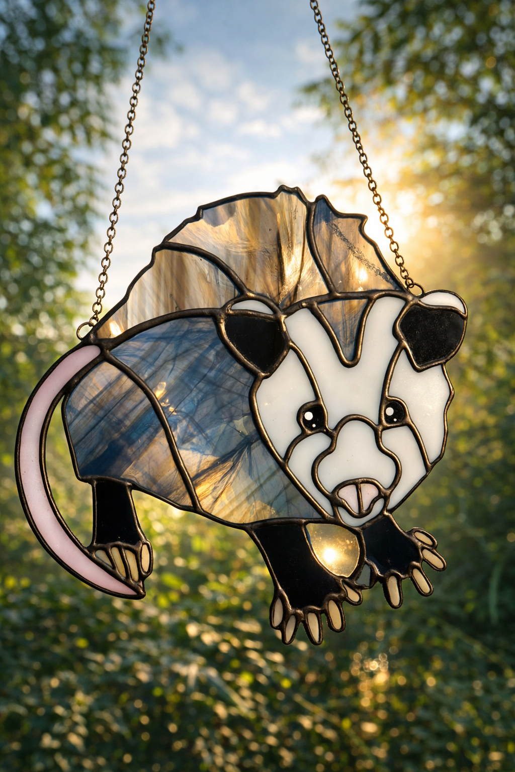 Stained glass ornament of a puppy with large eyes, sitting outdoors during sunset, with trees and sky in the background.