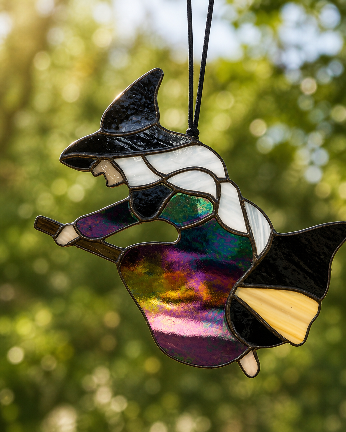 Handmade Stained Glass Witch Flying on Broomstick Suncatcher