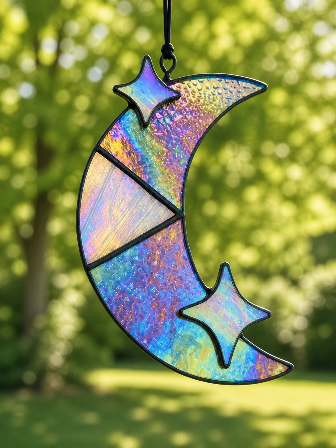 Handmade Iridescent Stained Glass Moon with Stars Suncatcher