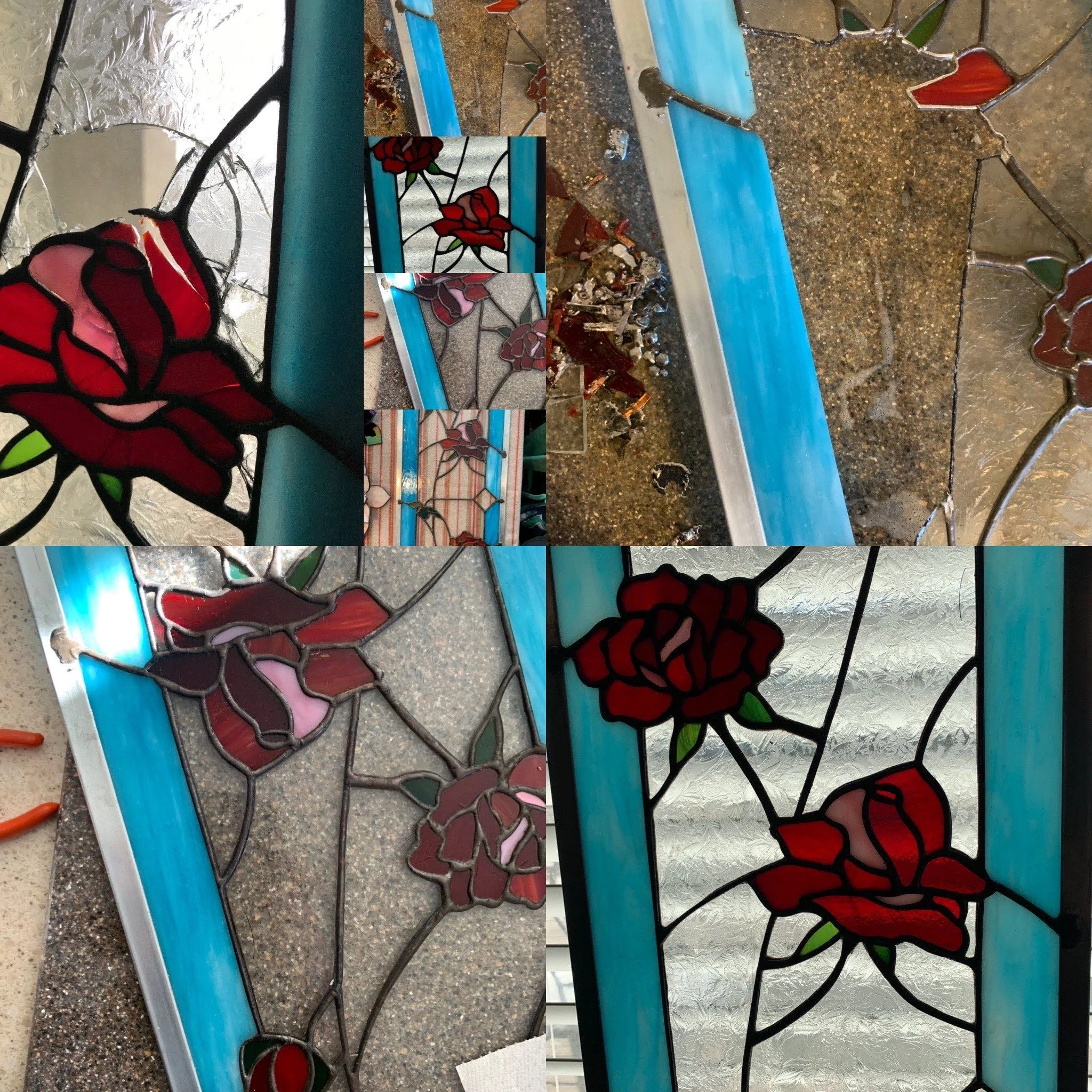 Broken stained glass window with floral patterns and a blue border, on a concrete surface.