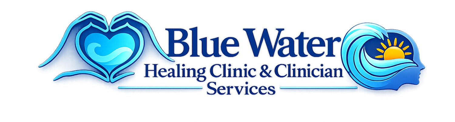 Logo for Blue Water Healing Clinic & Clinician Services with a heart-shaped wave on the left and a sun over a blue wave on the right.