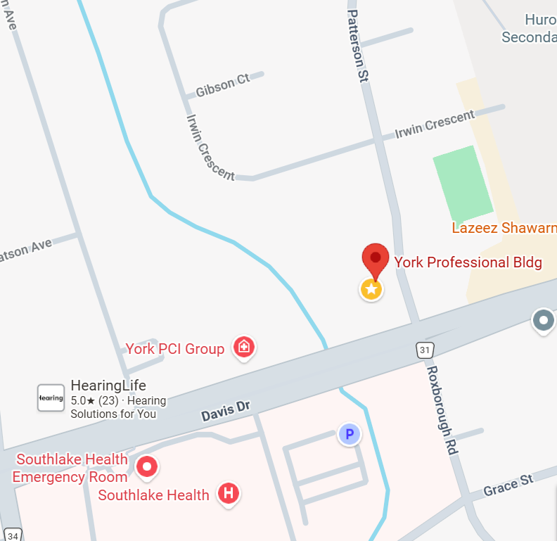 Map showing locations in York, including York Professional Building, York PCI Group, Southlake Health Emergency Room, Southlake Health, and HearingLife. Streets visible include Davis Drive, Roosevelt Road, Grace Street, and nearby streets Gibson Court, Irwin Crescent, Patterson Street, and Irwin Crescent.
