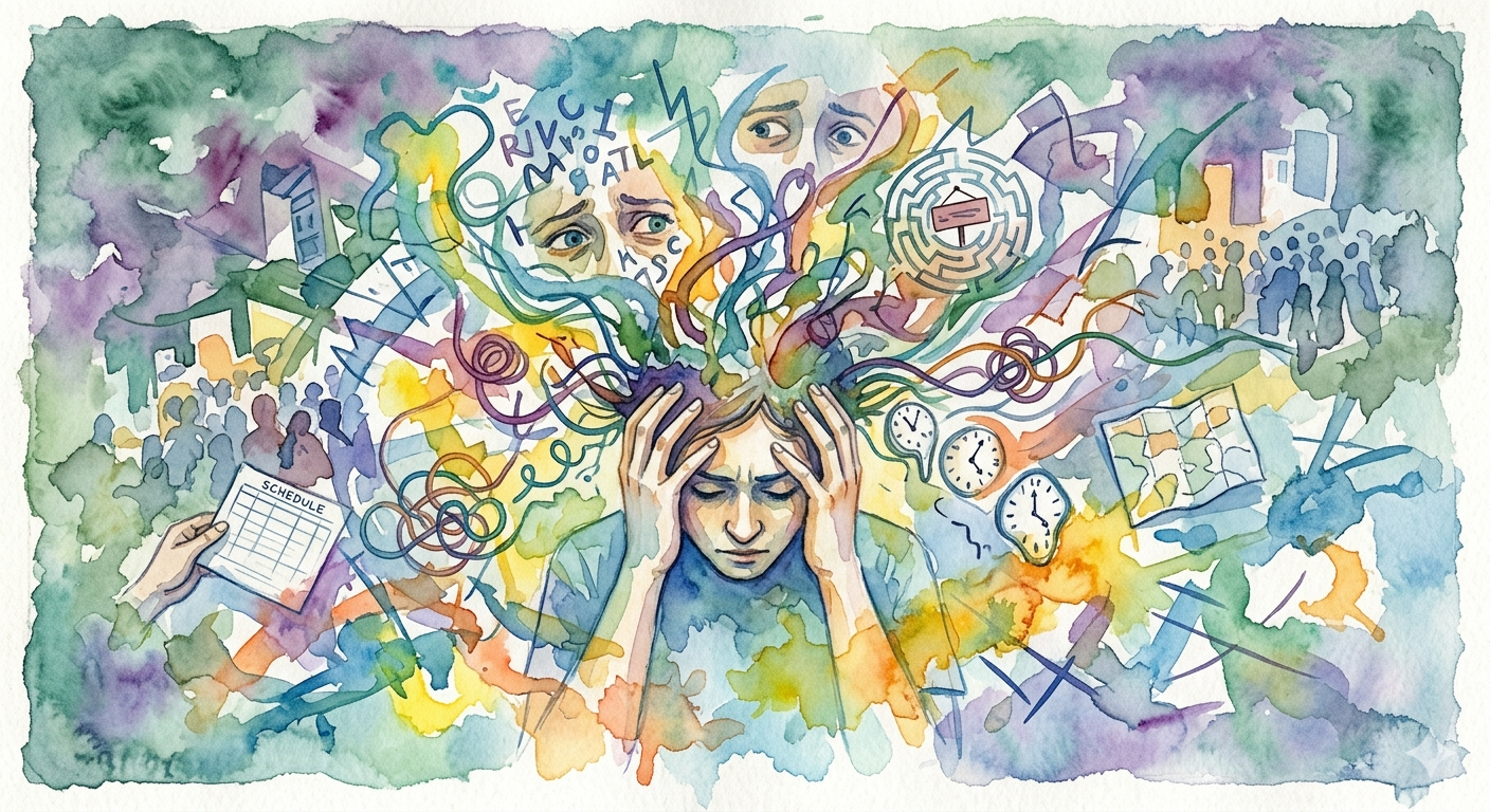 A woman appears stressed, holding her head, surrounded by a colorful abstract watercolor scene depicting busy crowd, clocks, a maze, a schedule, hands, eyes, and various chaotic elements symbolizing stress and overwhelmed feelings.