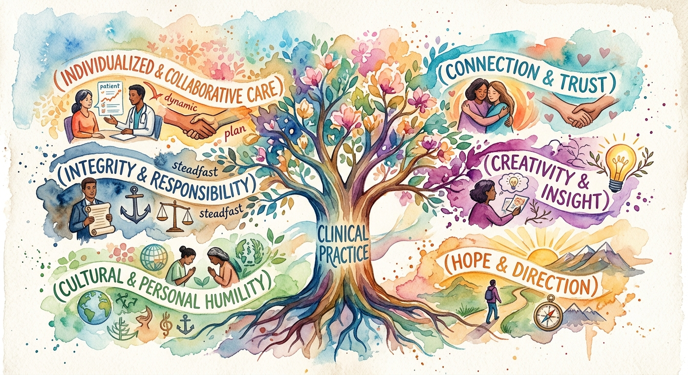 A colorful illustration of a tree with branches labeled with different values related to clinical practice. The branches are labeled: 'Individualized & Collaborative Care', 'Connection & Trust', 'Integrity & Responsibility', 'Creativity & Insight', 'Cultural & Personal Humility', and 'Hope & Direction'. Each branch features images representing these concepts, such as people hugging, handshake, and a person reading. The tree symbolizes growth and holistic care.