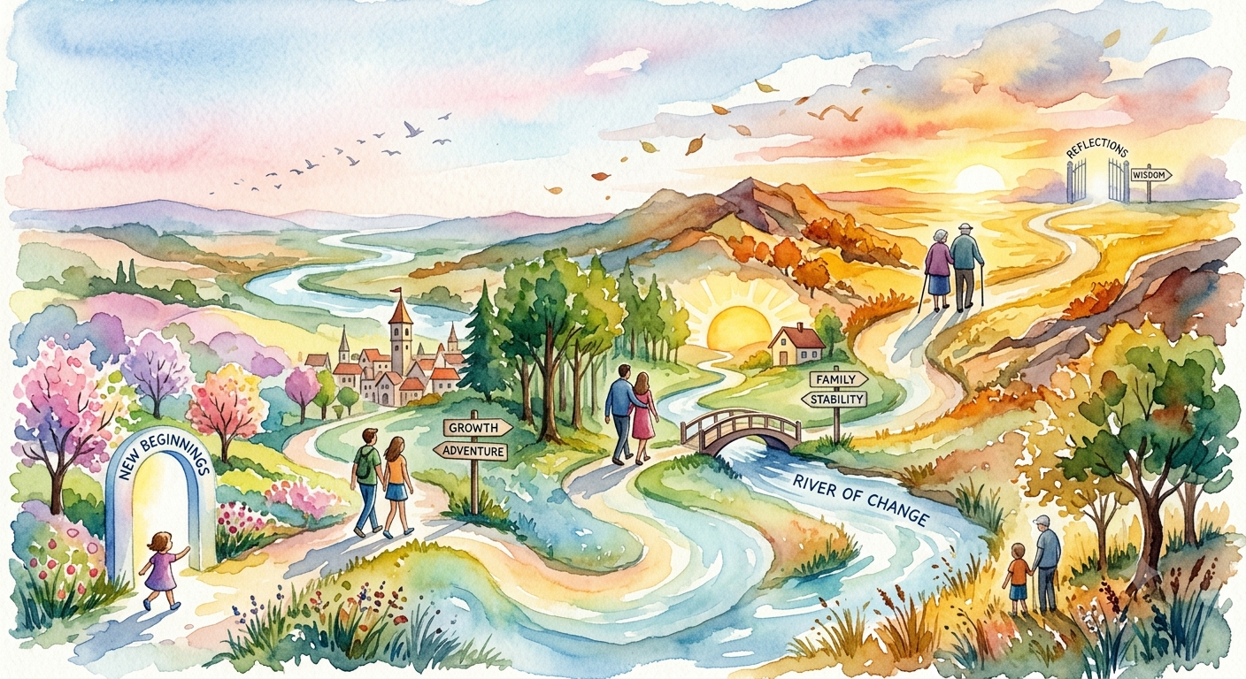 Watercolor illustration of a scenic landscape with a river, mountains, trees, and a sunset. People are walking on paths labeled 'Growth', 'Adventure', 'Family', and 'Stability'. Signposts and gates with words 'Reflections' and 'Wisdom' are visible. The scene symbolizes life's journey and change.