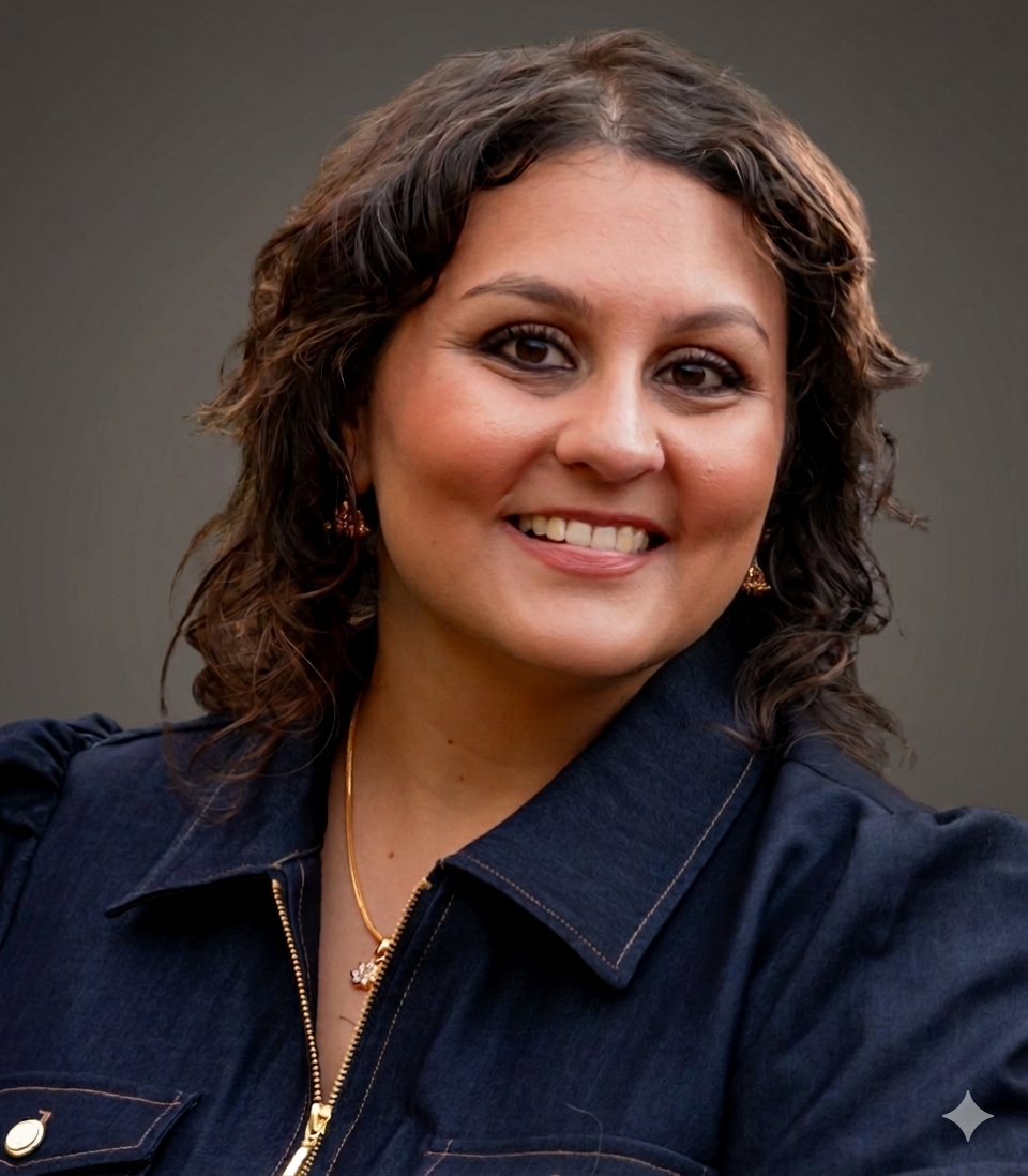 A woman with curly brown hair taking a selfie, smiling, wearing a dark denim jacket, earrings, and a necklace, against a plain background.