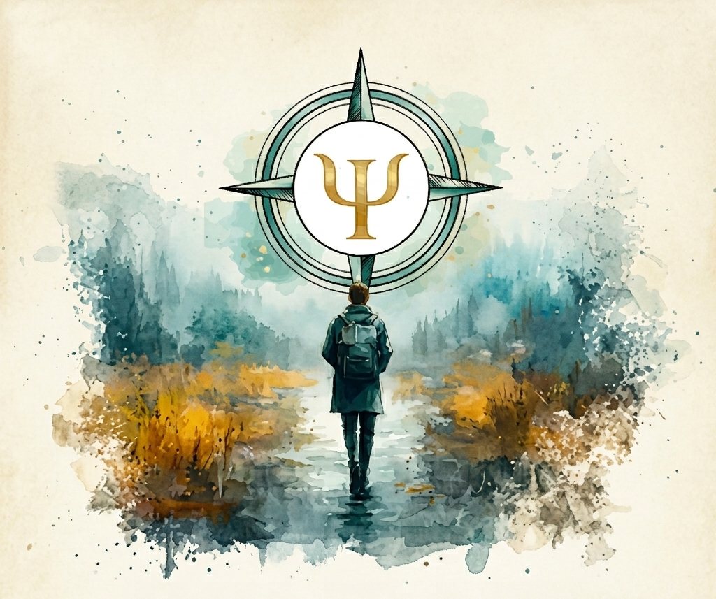 A person with a backpack walking on a path through a watercolor-style landscape, looking towards a large compass with a Greek letter psi symbol in the center.