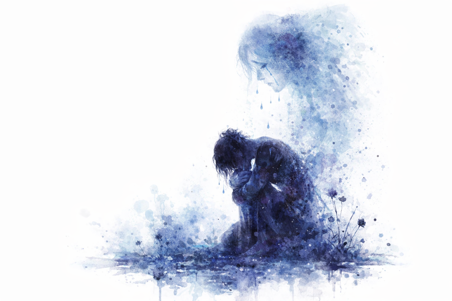Watercolor painting of a person kneeling with their head bowed, crying, with a larger, semi-transparent figure in the background also crying, conveying sadness or grief.